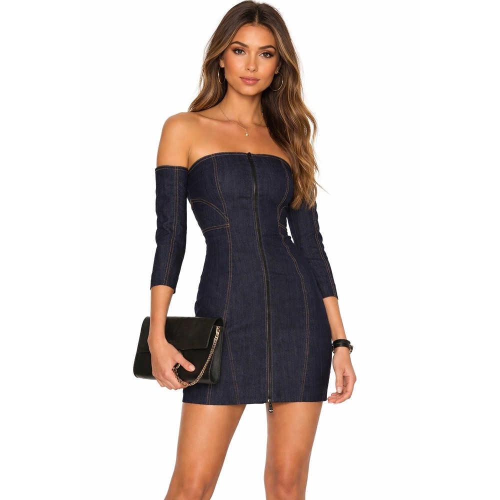 cinq a sept Off-Shoulder Dark Indigo Denim Mini Dress